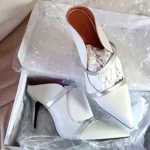 NEW Double strap Mule heel sz 9.5 white silver slip on dressy formal NIB